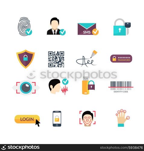 Verification secure methods flat icons set. Secure identity verification code and safety management electronic systems symbols flat icons set abstract vector isolated illustration