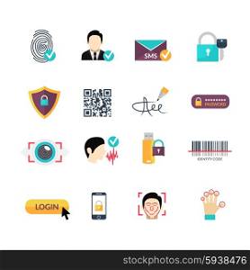Verification secure methods flat icons set. Secure identity verification code and safety management electronic systems symbols flat icons set abstract vector isolated illustration