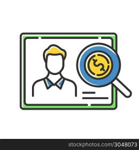 Verifying creditworthiness color icon. Examining personal credit history. Financial report. Economy business. Investment, budget graph. Bank insurance state. Isolated vector illustration