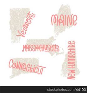 Vermont, Maine, Massachusetts, Connecticut, New Hampshire USA state outline art with custom lettering for prints and crafts. United states of America wall art of individual states