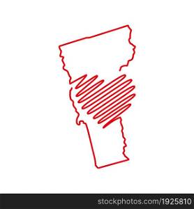 Vermont US state red outline map with the handwritten heart shape. Continuous line drawing of patriotic home sign. A love for a small homeland. T-shirt print idea. Vector illustration.. Vermont US state red outline map with the handwritten heart shape. Vector illustration