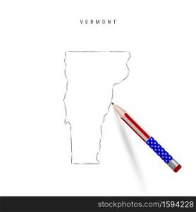 Vermont US state vector map pencil sketch. Vermont outline contour map with 3D pencil in american flag colors. Freehand drawing vector, hand drawn sketch isolated on white.. Vermont US state vector map pencil sketch. Vermont outline map with pencil in american flag colors
