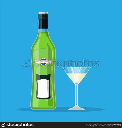 Vermouth bottle with glass. Vermouth alcohol drink. Vector illustration in flat style. Vermouth bottle with glass.
