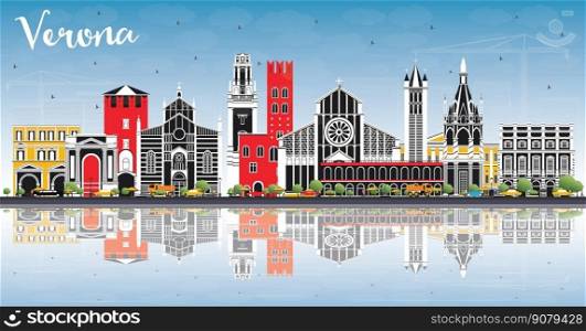 Verona Italy City Skyline with Color Buildings, Blue Sky and Reflections. Vector Illustration. Business Travel and Tourism Concept with Historic Architecture. Verona Cityscape with Landmarks. 