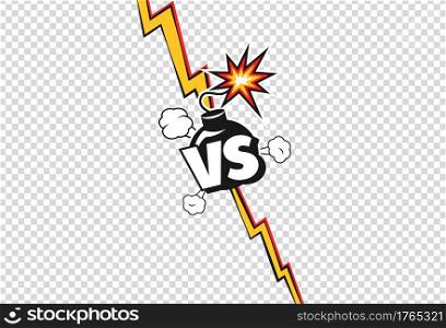 Versus. Cartoon vs duel battle or fight poster. Comic lightning, bomb with burning wick. Retro pop art style competition vector background. Confrontation in sport championship game. Versus. Cartoon vs duel battle or fight poster. Comic lightning, bomb with burning wick. Retro pop art style competition vector background