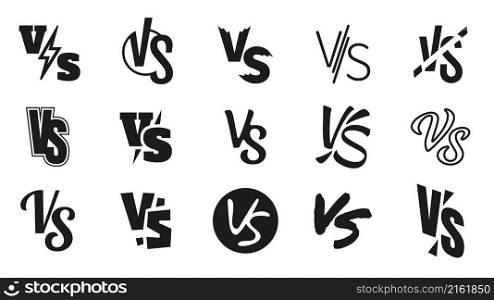 Versus logo designs, vs letters for duel battle icons. Symbol for game, fight challenge or sport match. Competition contest sign vector set. Opposition in championship, comparison or conflict. Versus logo designs, vs letters for duel battle icons. Symbol for game, fight challenge or sport match. Competition contest sign vector set