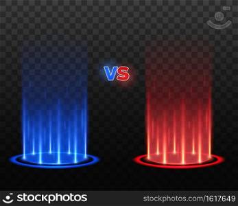Versus or VS glowing podiums on transparent background, vector sport or game battle fighters comparison. 3d shining circles with red and blue light beams, hologram projector rays and stage spotlights. Versus or VS glowing podiums, sport or game battle