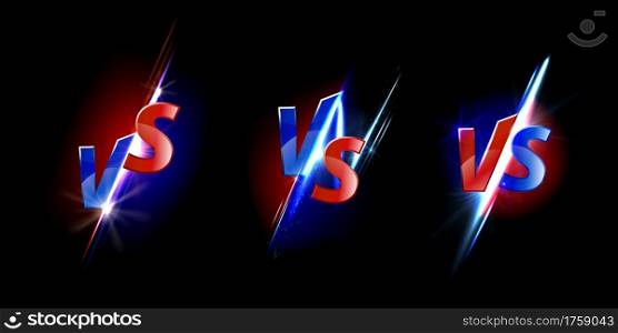 Versus screen design for game battles, sport competition and challenge. Vector template of headline with glowing blue and red VS symbols for mma or boxing match isolated on black background. Versus screen design for game and sport battles