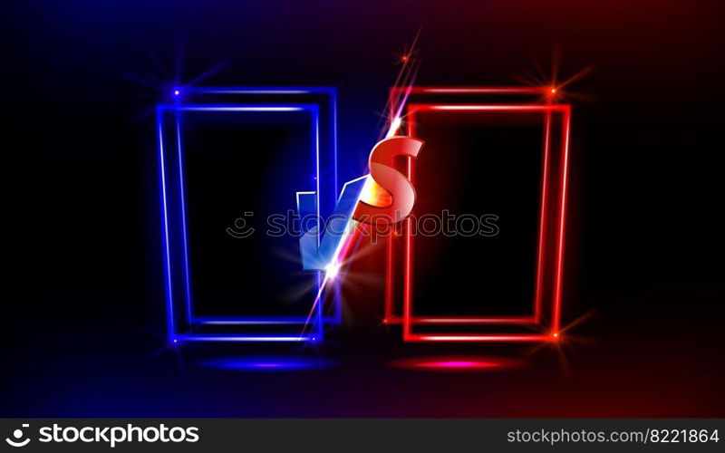 Versus screen design with shiny neon frames for game battles, sport competition and challenge. Vector template of headline with glowing blue and red VS symbols for mma or boxing match. Versus screen design for game and sport battles