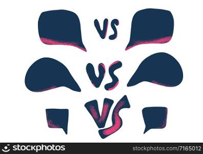 Versus screens. Vs symbol with speech bubbles. Confrontation background with space for text. Banner template for battle, match, challenge, sport, duel, competition, choice. Vector color illustration.