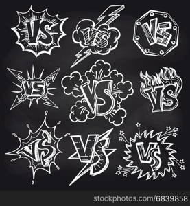 Versus signs set on chalkboard. Hand drawn versus or VS confrontation collection on chalkboard background. Vector illustration