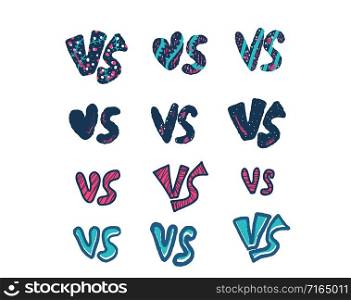 Versus signs set. Vs symbols. Banner elements for battle, match, challenge, sport, duel, competition, choice. Vector color illustration.