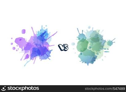 Versus template with watercolor splash texture. VS screen with empty space. Battle background. Vector illustration.