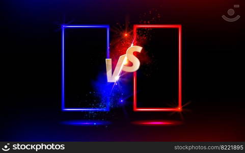Versus VS gold sign with blue and red empty frames or borders and glow sparks on black background. Sport confrontation, martial arts combat, fight competition or challenge, Realistic 3d vector concept. Versus VS gold sign with blue and red empty frames