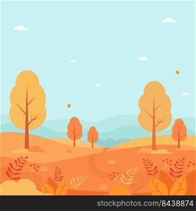 Vertical autumn poster. Beautiful autumn nature, park, hills and fields, autumn landscape with trees and plants, horizon and sky with clouds and falling autumn leaves. Vector illustration