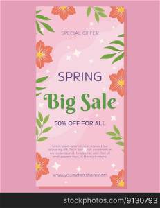 Vertical banner decorated with lovely pink flowers and green leaves on a pink background. The banner reads Special Offer Spring Big Sale. Perfect for advertising your seasonal discounts and promotions.. Vertical banner decorated with lovely pink flowers and green leaves on a pink background. The banner reads Special Offer Spring Big Sale. Perfect for advertising your seasonal discounts and promotions