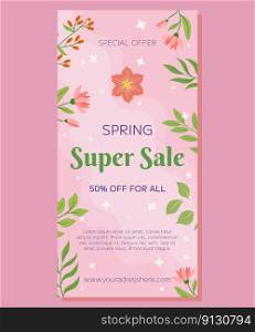 Vertical banner decorated with lovely pink flowers and green leaves on a pink background. The banner reads Special Offer Spring Super Sale. Perfect for advertising your seasonal discounts and promotions.. Vertical banner decorated with lovely pink flowers and green leaves on a pink background. The banner reads Special Offer Spring Super Sale. Perfect for advertising your seasonal discounts and promotions