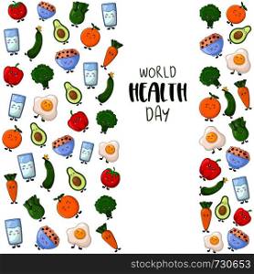Vertical banner for health day with kawaii cartoon food - vegetables, eggs and other diet products on white background. Cute characters. Illustration for textile, wrapper. Flat style. Kawaii Food Collection