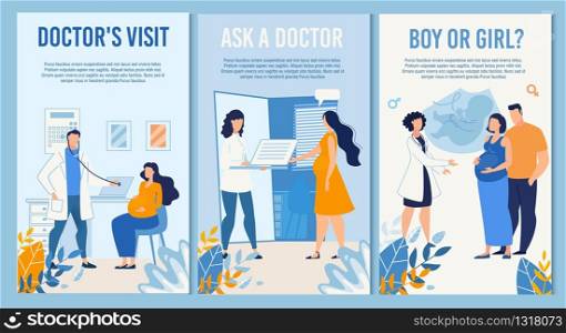 Vertical Banner Set Advertising Maternal Prenatal Services for Young Family Childbirth Preparation, Pregnant Woman Scheduled Checkup Ordered Online, Child Sex Determination. Vector Flat Illustration. Vertical Banner Set for Maternal Prenatal Service