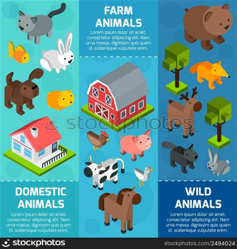 Vertical banner set with isometric wild farm and domestic animals isolated vector illustration. Isometric Animal Banner