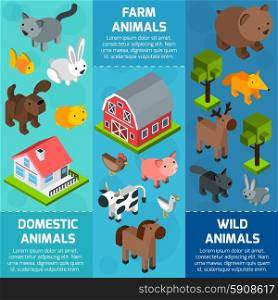 Vertical banner set with isometric wild farm and domestic animals isolated vector illustration. Isometric Animal Banner