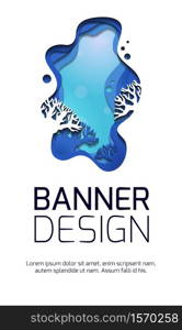 Vertical banner with 3d illustration of marine landscape with reefs, cut out of paper. Layered sea scene with place for text. Deep water. Vector element for articles, invitation and your design.. Vertical banner with 3d illustration of marine landscape with reefs, cut out of paper. Layered sea scene with place for text. Deep water.