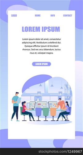 Vertical Banner with Copy Space. Young Woman Sit at Desk With Computer and her Colleague Pointing to Screen and Give Advice. Man Use Tablet. Office Business People. Cartoon Flat Vector Illustration. People Working Together in Office with Computers