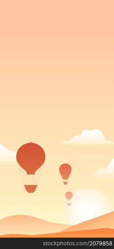 Vertical banner with vintage hot air balloon in the sky, sunrise and hills and place for text. Card with silhouette of aerostat and copy space. Vector template with balloons and lands. Vertical banner with vintage hot air balloon in the sky, sunrise and hills and place for text. Card with silhouette of aerostat and copy space. Vector template