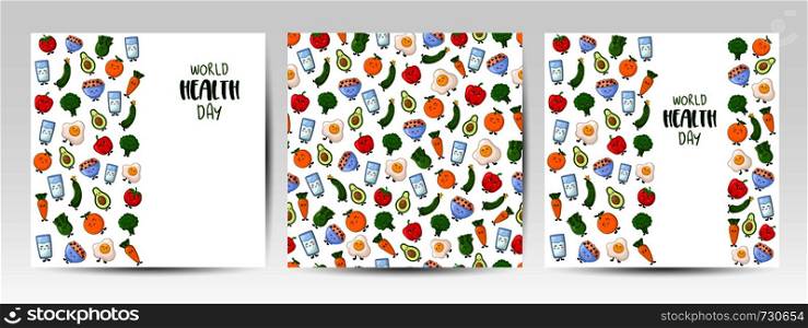 Vertical banners and seamless pattern with kawaii cartoon food - vegetables, eggs and other diet products on white background. Cute characters. Illustration for textile, wrapper. Flat style. Kawaii Food Collection