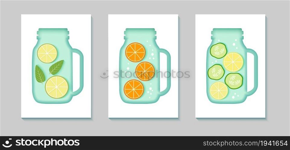 Vertical banners for branding menu, cover, flyer.. The silhouettes of paper cut cocktails. Creative bright composition of alcohol, juice or water with lemon and mint.