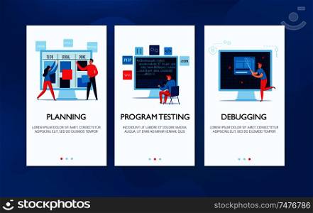 Vertical banners set with programmers planning work testing programs and debugging flat isolated vector illustration