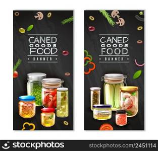 Vertical banners with canned food in glass jars on black background with sliced vegetables isolated vector illustration . Canned Food Vertical Banners