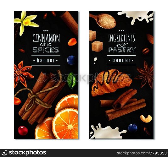 Vertical banners with cinnamon and spices as ingredients for pastry isolated on chalk board background vector illustration . Cinnamon With Spices Vertical Banners