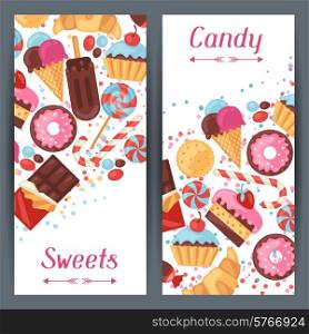 Vertical banners with colorful candy, sweets and cakes.