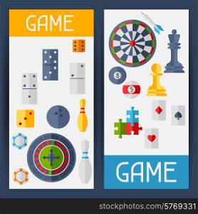 Vertical banners with game icons in flat design style.