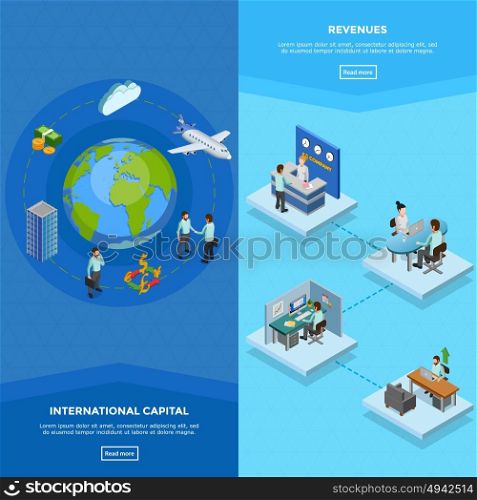 Vertical Business Banners. Vertical business banners with clerks at their workplaces and international capital concept isolated isometric vector illustration