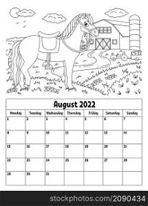 Vertical calendar for 2022 with a cute character. Coloring page for kids. Week starts on Monday. Isolated vector illustration. Cartoon style.