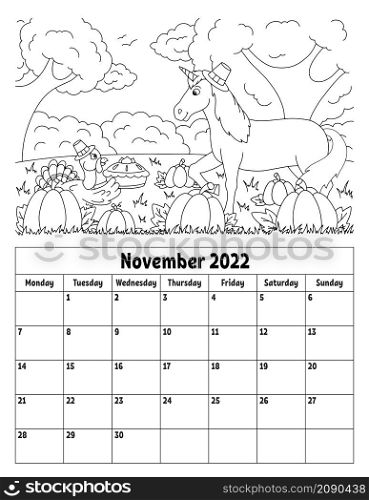 Vertical calendar for 2022 with a cute character. Coloring page for kids. Week starts on Monday. Isolated vector illustration. Cartoon style.