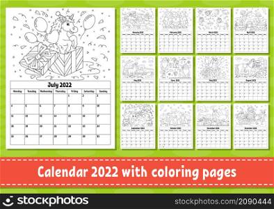 Vertical calendar for 2022 with a cute character. Coloring page for kids. Set of 12 months. Isolated vector illustration. Cartoon style. Week starts on Monday.