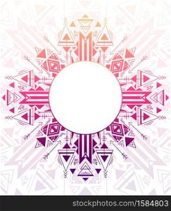 Vertical card with tribal geometric mandala and place for text. Color native ornament on white background. Mystical pattern. Vector colorful folk template for banner, invitation and your creativity.. Vertical card with tribal geometric mandala and place for text. Color native ornament on white background. Mystical pattern. Vector colorful folk template