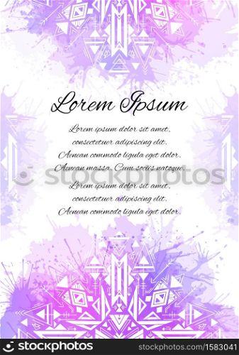Vertical card with tribal native pattern and neon watercolor splashes on white background. Geometric mandala. Vector boho template for card, wedding invitation, yoga studio and your creativity.. Vertical card with tribal native pattern and neon watercolor splashes on white background. Geometric mandala. Vector boho template
