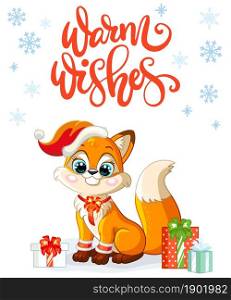 Vertical christmas card with cute fox in christmas hat, presents, snowflakes and lettering on white background. Vector illustration. For party, print, design, decor, dishes and kids apparel. Christmas card with cute fox and lettering