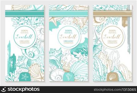 Vertical Design Template with Pastel Turquoise and Gold Seashells. Printable Cosmetic Vector Design with Sketch Hand-drawn Corals and Brush Stroles, Contour Navy Seashells Drawings. Marine Flyers. Vertical Design Template with Pastel Turquoise and Gold Seashells. Printable Cosmetic Vector Design