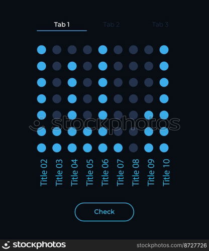 Vertical dot chart UI element template. Editable isolated vector dashboard component. Flat user interface. Visual data presentation. Web design widget for mobile application with dark theme. Vertical dot chart UI element template
