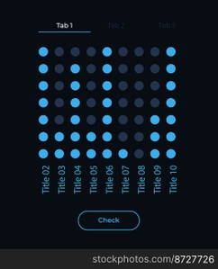 Vertical dot chart UI element template. Editable isolated vector dashboard component. Flat user interface. Visual data presentation. Web design widget for mobile application with dark theme. Vertical dot chart UI element template