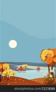 Vertical Fantasy panorama landscapes of Countryside in autumn. Panoramic of mid autumn with farm house by the lake with the sun and blue sky.Landscape on fall season in orange foliage.