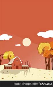 Vertical Fantasy panorama landscapes of Countryside in autumn,Panoramic of mid autumn with farm house with the sun and blue sky. Wonderland landscape on fall season in orange foliage with copy space