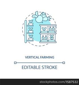 Vertical farming concept icon. Practice of growing crops in vertically stacked postions. Urban farming idea thin line illustration. Vector isolated outline RGB color drawing. Editable stroke. Vertical farming concept icon