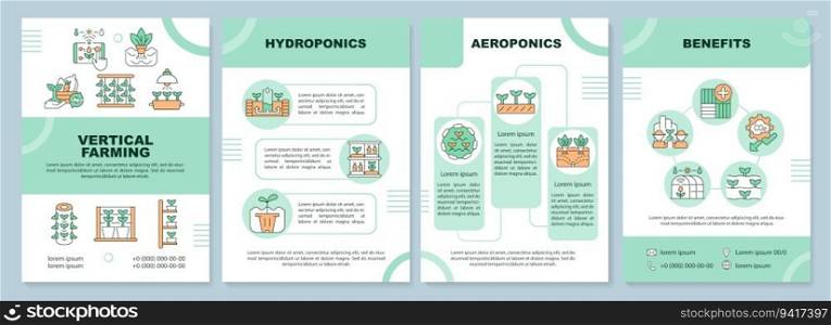 Vertical farming green brochure template, leaflet design with linear icons. 4 vector layouts representing types and benefits.. Brochure with vertical farming concepts