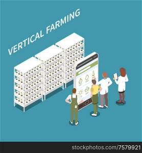 Vertical farming isometric concept with smart technology symbols vector illustration